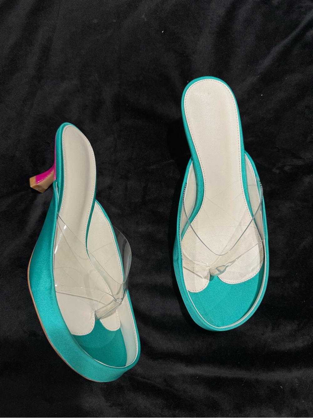 Teal Clear-Strap Slide Heels